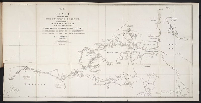 First map of a Northwest passage, by Edward Augustus Inglefield, dated Oct. 14, 1853, Papers Relative to the Recent Arctic Expeditions in Search of Sir John Franklin and the Crews of H.M.S. “Erebus” and “Terror” (an Arctic Blue Book), bound in at end, 1854 (The Linda Hall)