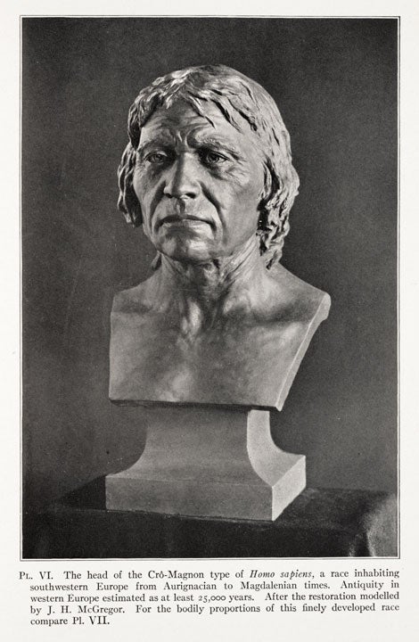 Cro-Magnon restoration. Image source: Osborn, Henry Fairfield. Men of the Old Stone Age. New York: Scribner’s, 1915, pl. 6.