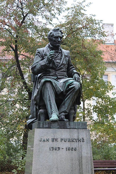 Statue of Jan Evangelista Purkynĕ, bronze sculpture, Charles Square, New Town, Prague (Wikimedia commons)