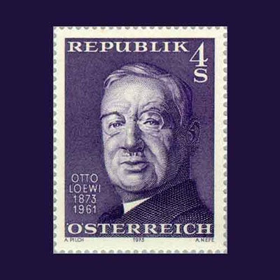 Postage stamp issued by Austria in 1973, honoring the centennial of the birth of Otto Loewi (mintageworld.com)