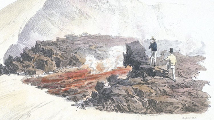 Lava running over the edge of the Mount Vesuvius crater. Image source: Auldjo, John. Sketches of Vesuvius. Naples: George Glass, Largo S. Ferdinando, 1832, p. 16.
