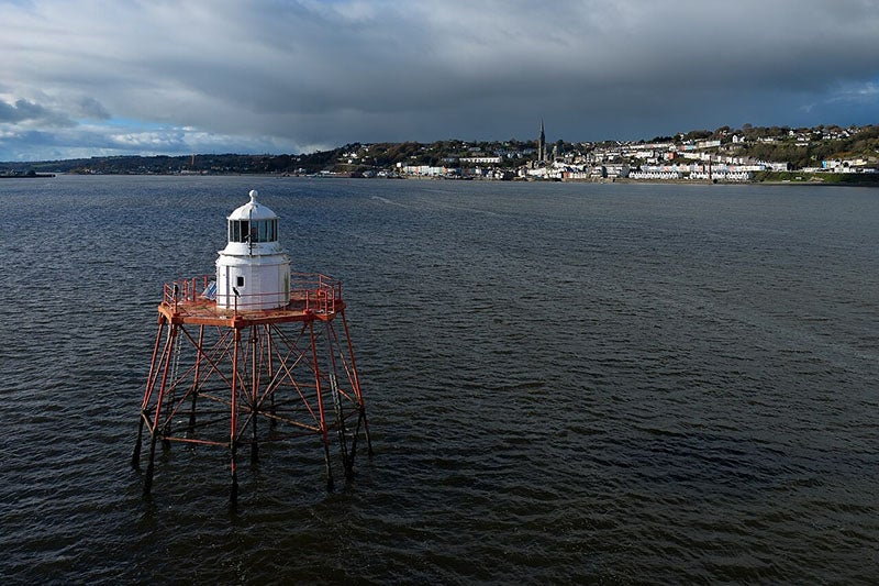Spit Bank screw-pile lighthouse, Cork Harbour, Ireland, one of three surviving Alexander Mitchell screw-pile cottages, recent photograph (Wikimedia commons)