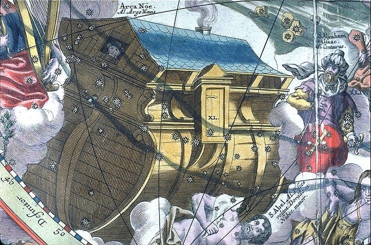 Noah’s Ark constellation, where Noah is looking out the ship’s window to see the return of the dove. Image source: Cellarius, Andreas. Harmonia macrocosmica. Amstelodami: apud Joannem Janssonium, 1661, pp. 160-161.
