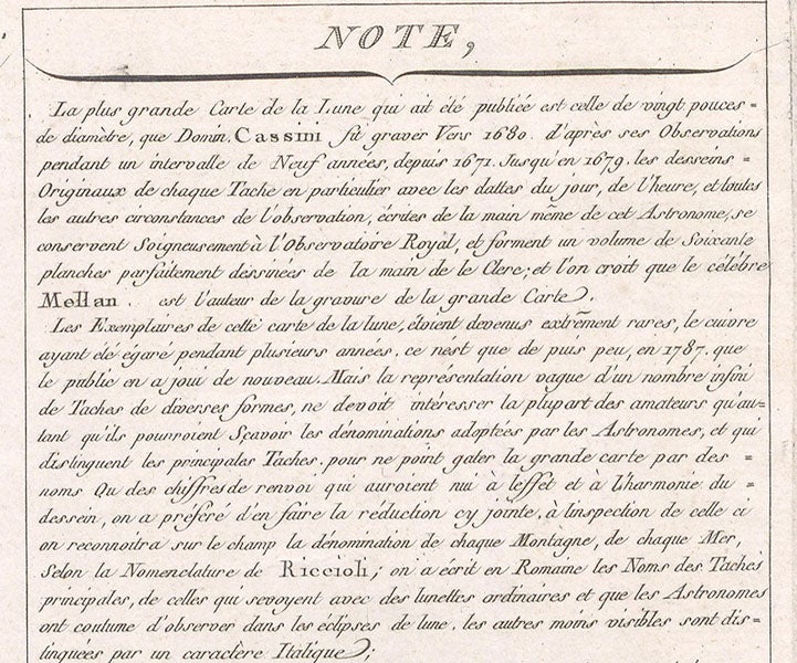 Top third of the caption, detail of Réduction de la grande carte de la lune de J. Dom. Cassini, broadside engraving, by Jean-Dominique, comte de Cassini, 1788 (Linda Hall Library)