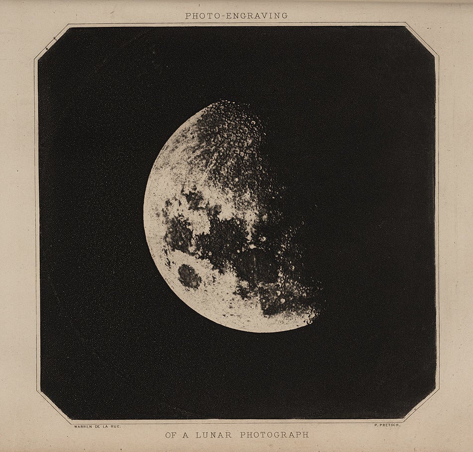 With the assistance of Paul Pretsch, who invented the process, De la Rue succeeded in producing a copperplate for printing from a photographic negative of the moon, by using the unusual swelling properties of gelatin after it is exposed to light. De la Rue called the print a heliotype; we would today call this a photogalvanograph, since the gelatin was electroplated after exposure and treatment. 