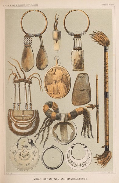 Indian ornaments and manufactures, chromolithograph from a drawing  by “F.S.”, Explorations and Surveys for a Railroad Route from the Mississippi River to the Pacific Ocean: Route near the Thirty-Fifth Parallel, by Amiel W. Whipple (Pacific Railroad Report, 3), 1856 (Linda Hall Library)