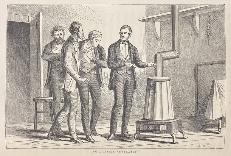 “An Amazing Revelation,” Charles Goodyear demonstrating that vulcanized rubber dropped onto a hot stove does not melt, wood engraving in Great Fortunes and How They were Made; or, The Struggles and Triumphs of our Self-Made Men, by James D. McCabe, p. 291, 1871 (Linda Hall Library)