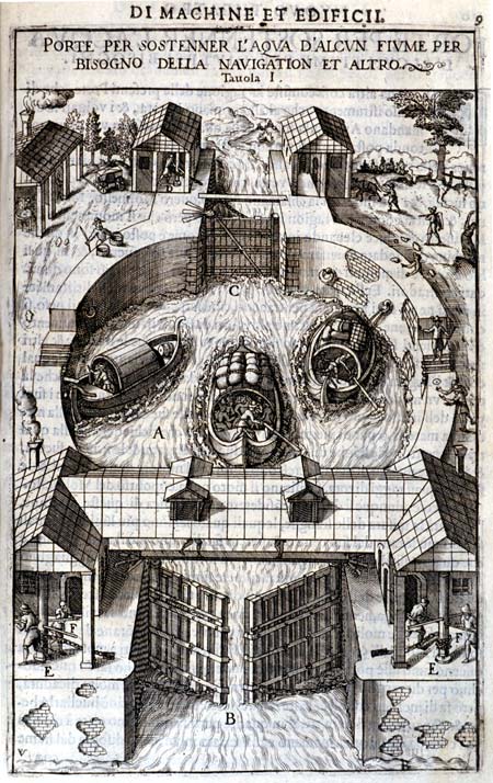 Leonardo's Canal Lock. Image source: Zonca, Vittorio. Novo teatro di machine et edificii per varie et sicure operationi. Padova: Pietro Bertelli, 1607, p. 9.