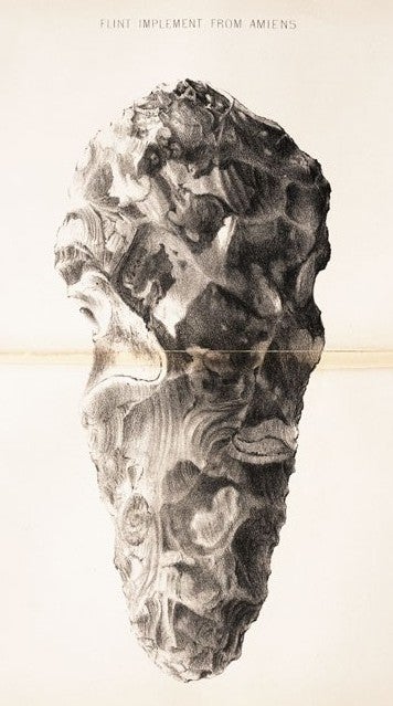 Lithograph of stone hand axe. Image source: Flower, John Wickham. “On a Flint Implement Recently Discovered … St. Acheul, near Amiens.” Quarterly Journal of the Geological Society of London, vol. 16, 1860, pl. 11.