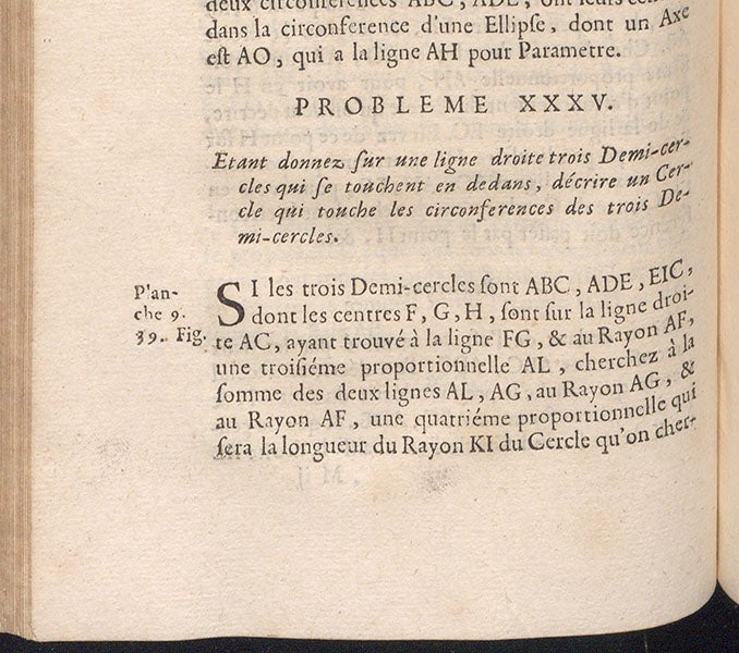 Problem 35, concerning the arbelos, Recreations mathematiques et physiques, by Jacques Ozanam, p. 180, vol. 1 (Linda Hall Library)
