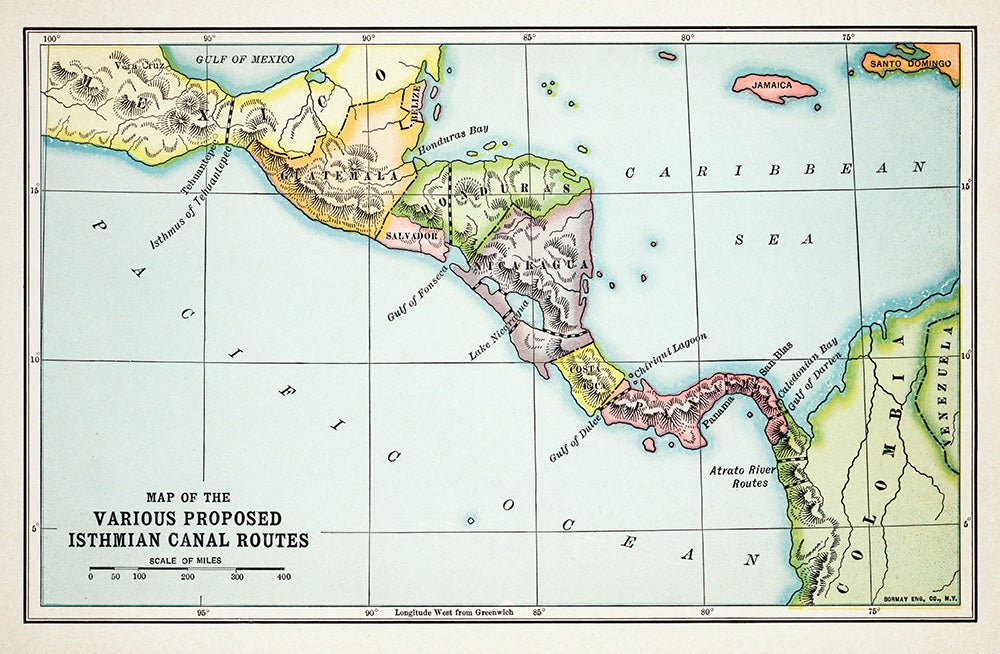Map of Humboldt’s proposed routes for a canal.From W.F. Johnson, Four centuries of the Panama Canal. New York, 1907.