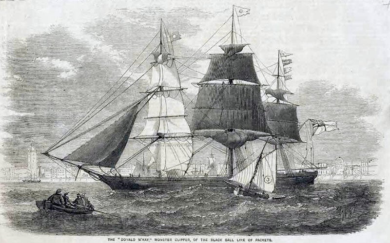 The Donald McKay, extreme clipper ship designed and built by Donald McKay, launched 1855, wood engraving (Wikimedia commons)