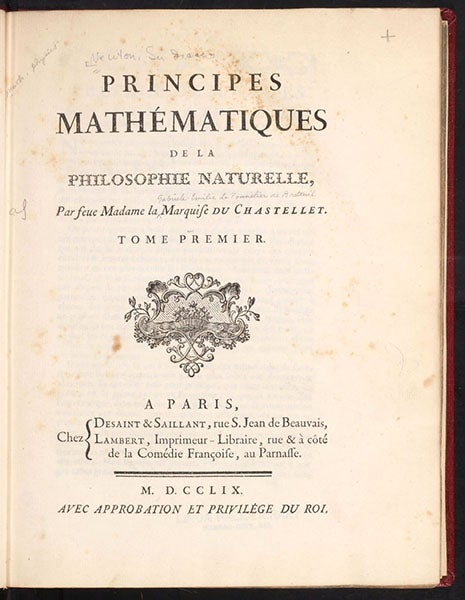 Principes mathématiques de la philosophie naturelle, by Isaac Newon, transl. by Émilie du Châtelet,1749 (The Linda Hall)