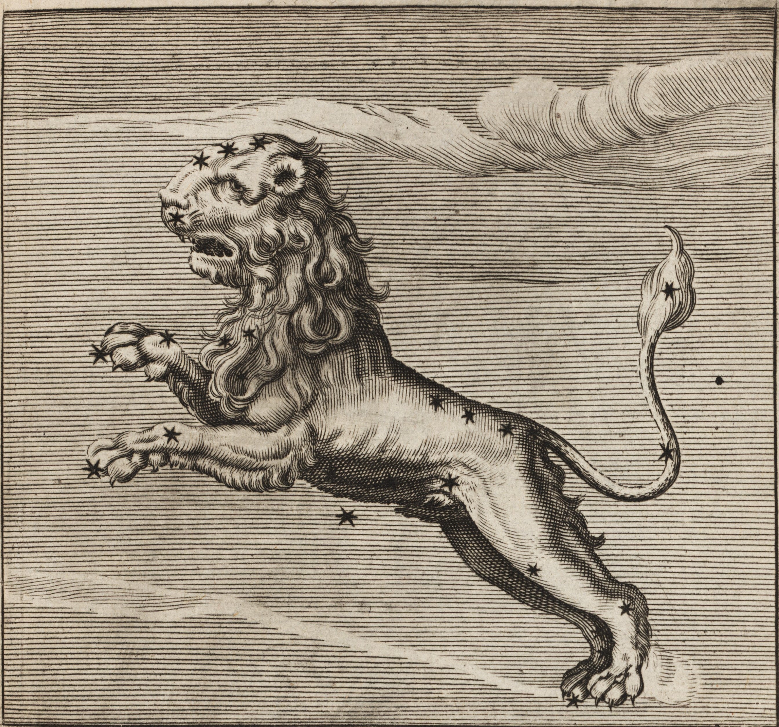 Leo. Image source: Munckerus, Thomas et al. Mythographi latini. Amsterdam: Joannis à Someren, 1681, p. 443.
