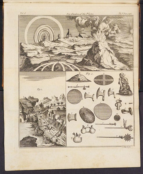 Atmospheric halos, an eruption of Cotopaxi, a view of the rope tarabitas used to cross deep ravines, and some Incan artifacts, engraving in A Voyage to South America, by Jorge Juan y Santacilia and Antonio de Ulloa, 2nd Engl. ed., vol. 1, plate 5, p. 446, 1760 (Linda Hall Library)