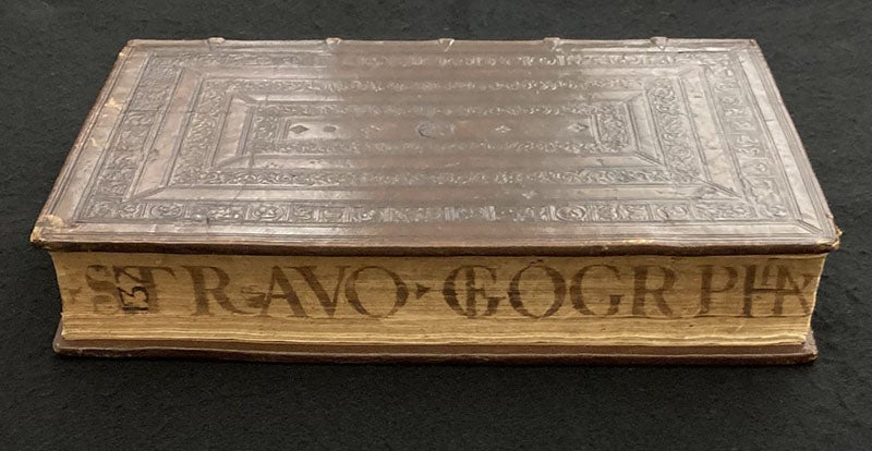 Binding and fore-edge label, Strabonis geographicorum, 1523 (The Linda Hall)