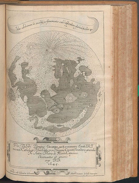 The complete lunar map, with south at the top, dominated by the rays extending from the crater that will later be named Tycho, engraving in Oculus Enoch et Eliae, by Anton Maria Schyrleus de Rheita, 1645 (Linda Hall Library)