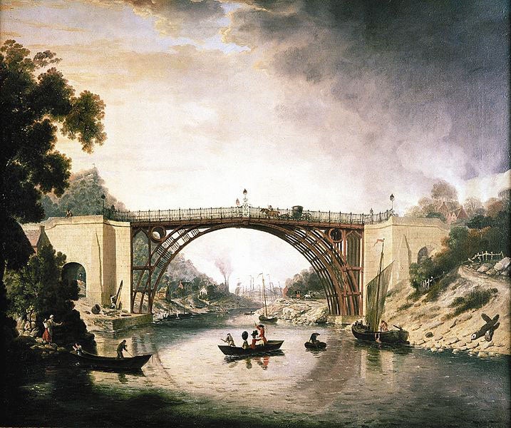 Contemporary view of Iron Bridge, painting by William Williams, ca 1780 (Ironbridge Gorge Museum via Wikimedia commons)