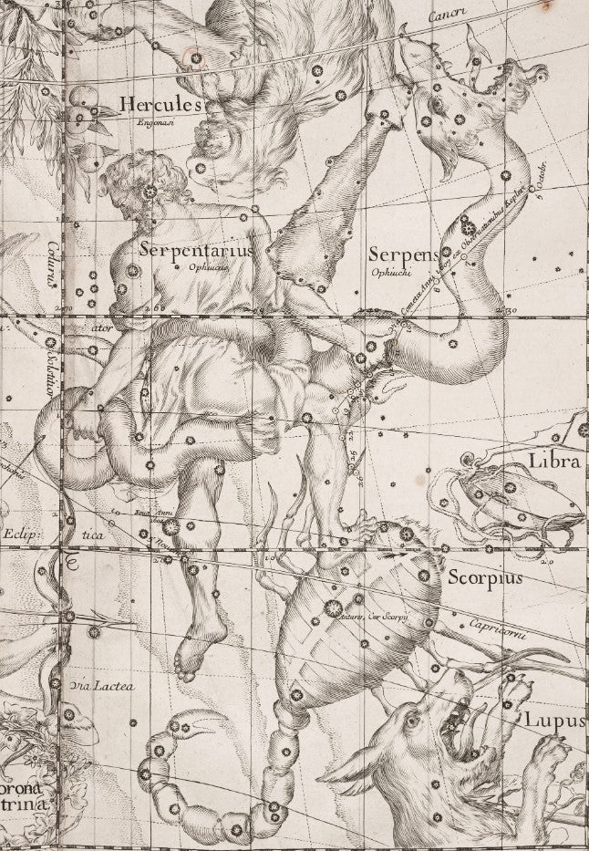 Detail of Serpentariuis [Ophiuchus] surrounded by Hercules, Serpens, and Scorpius. Image source: Pardies, Ignace Gaston. Globi coelestis. Paris: Excudebat Sebastianus Mabre Cramoisy, 1674. 
