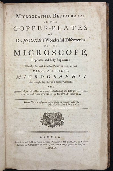 Title page, Micrographia restaurata, by Robert Hooke, 1745, gift of Ruth Patrick, with bookplate of Frank Patrick (The Linda Hall)