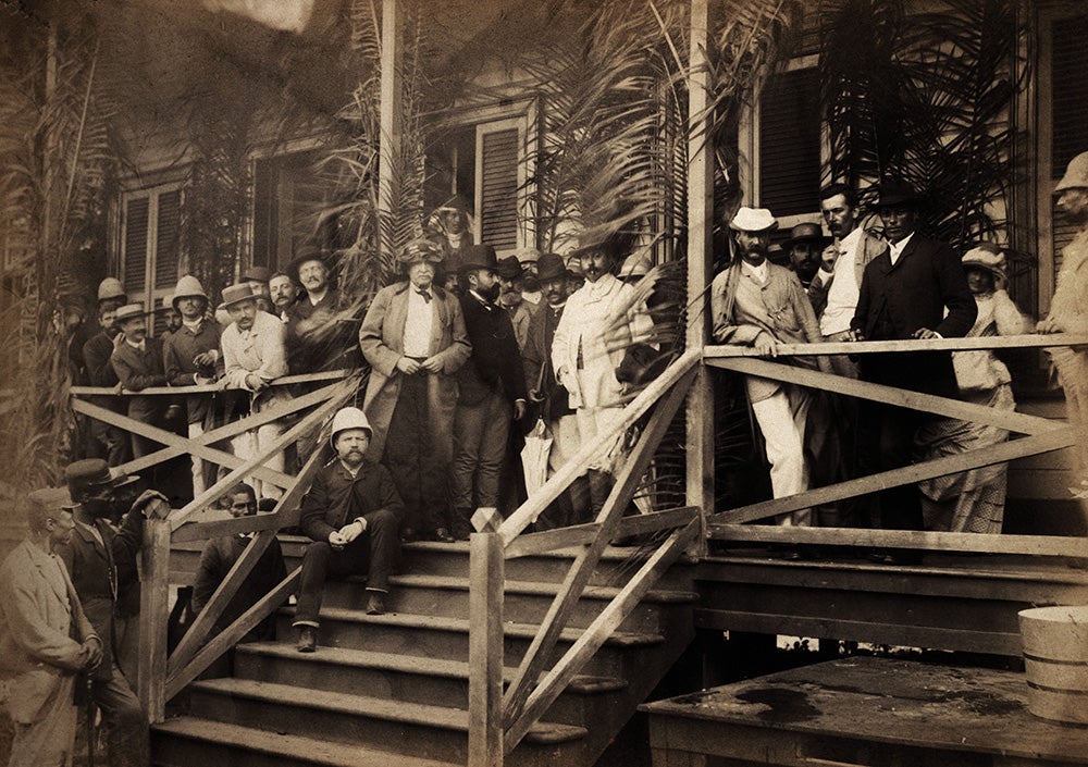 Ferdinand de Lesseps in center, wearing Arab headdress during a visit to Panama in 1886. Image source: Nichols, Aurin Bugbee, and Tirzah Lamson Nichols. Panama Canal Collection, 1846-1923 (bulk 1906-1914). Photograph Album 1, p. [48].