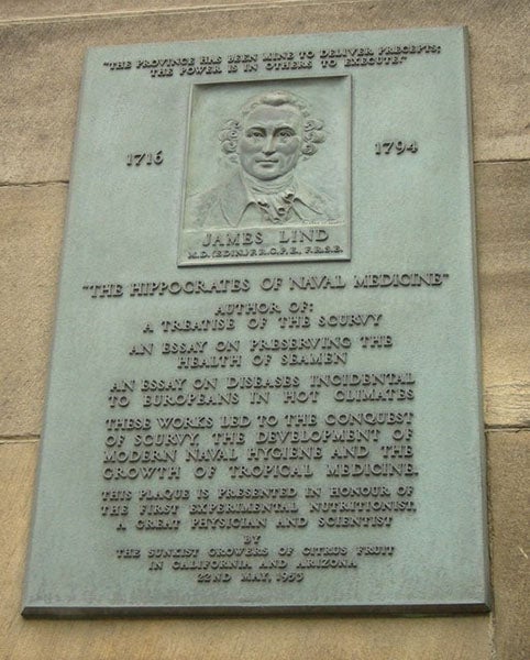 Plaque honoring James Lind at the Edinburgh Medical School, calling Lind the “Hippocrates of Naval Medicine” (Wikimedia commons)