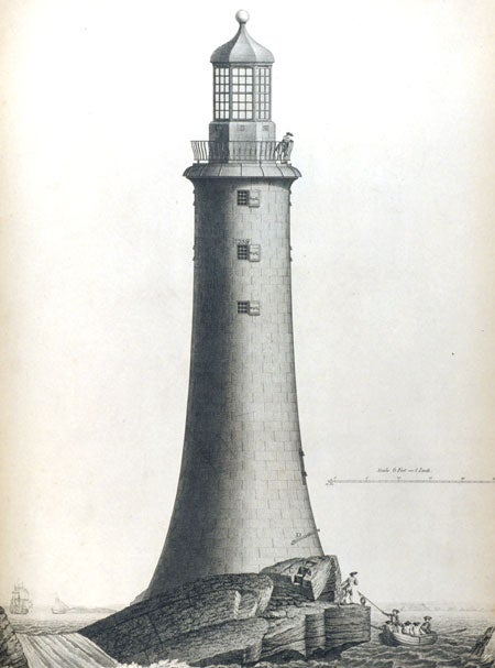 Edystone Lighthouse south elevation. Image source: Smeaton, John. A Narrative of the Building and a Description of the Construction of the Edystone Lighthouse with Stone. London: Printed for the author by H. Hughs, 1791, pl. 8.