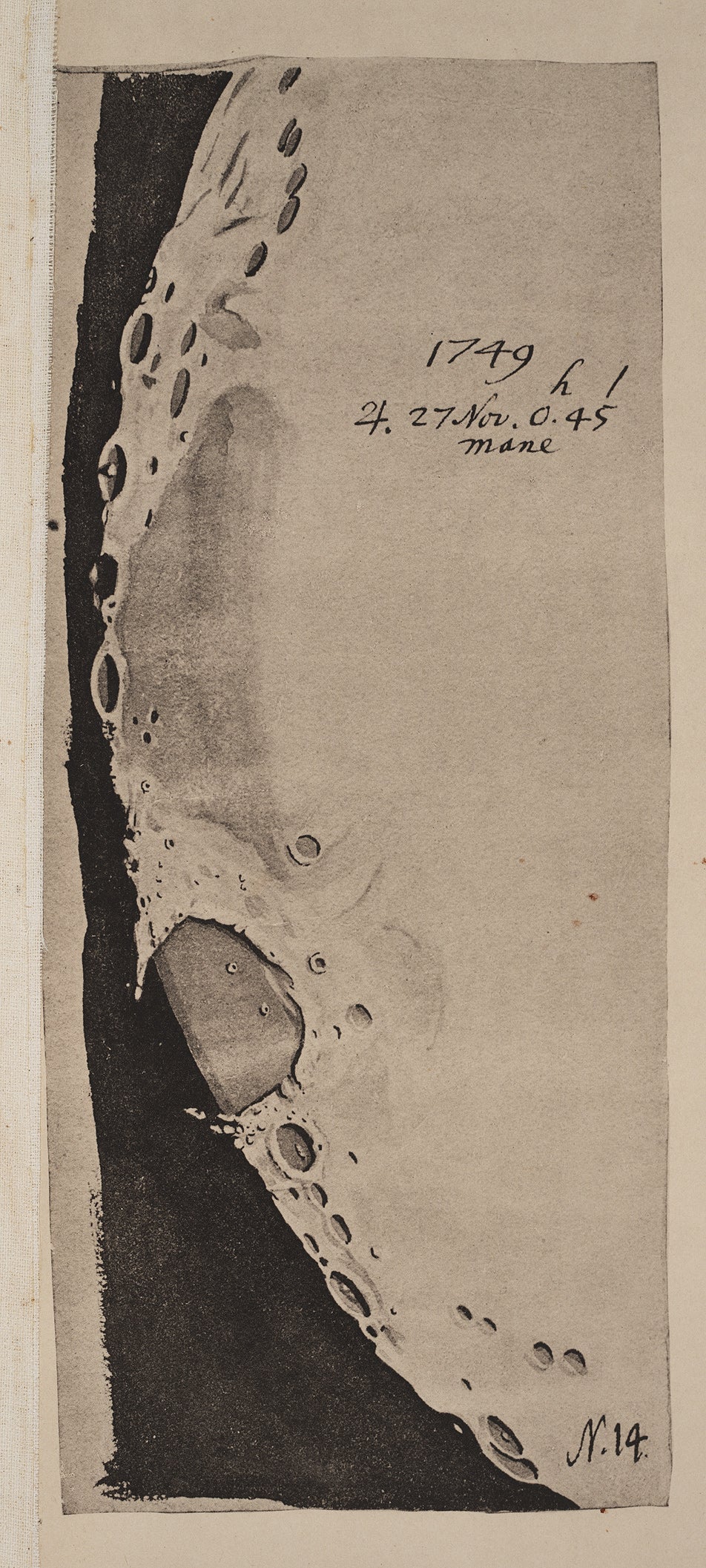 The drawings are a superb testament to Mayer's observing skill. The illustration shows a sketch of Mare Crisium (Sea of Crises) and four craters above on the terminator: Langrenus, Vendelinus, Petavius (with central peak) and Furnerius. Mayer's rendition of the four craters may compared with an early Lick Observatory photograph (see item 28).