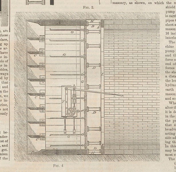 Alfred Beach’s tunnelling shield for the Broadway Tunnel, with cutting edge at left, the hydraulic rams at D, the hand-operated hydraulic pump at F, and the completed ceramic-lined tunnel at right, Scientific American, vol. 22, Mar. 5, 1870 (Linda Hall Library)