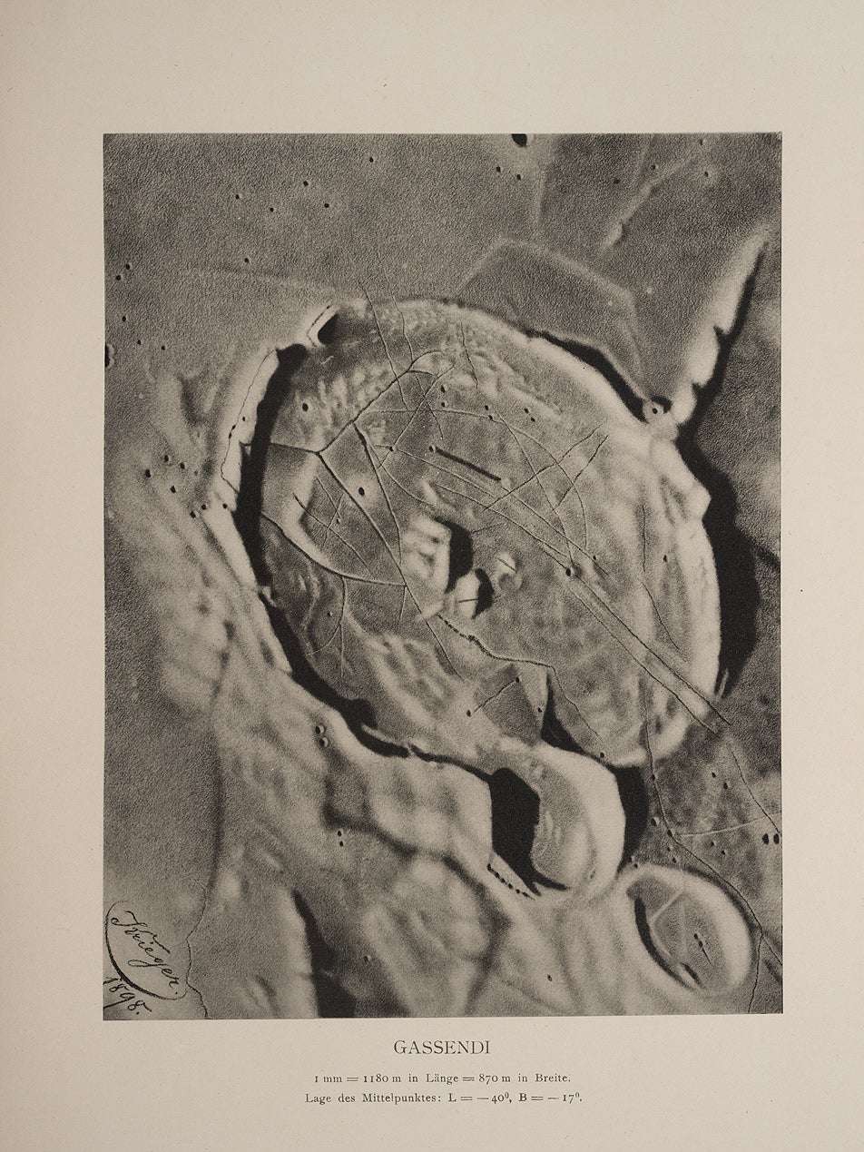 The posthumous publication contains one of the most impressive drawings of the crater Gassendi ever made. Gassendi has always been a favorite object for observers, because of the intricate rill system on the crater floor. (To see how the U.S. Air Force mapped this same region sixty years later, see item 39.)