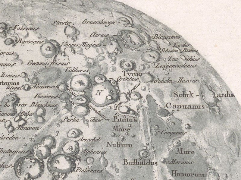 The lunar highlands and the crater Tycho, detail of Réduction de la grande carte de la lune de J. Dom. Cassini, broadside engraving, by Jean-Dominique, comte de Cassini, 1788 (Linda Hall Library)