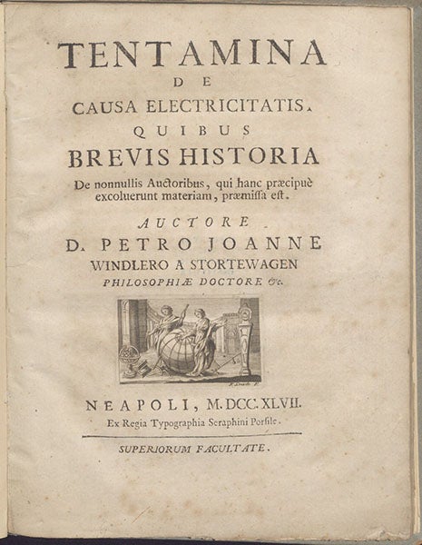Title page, Tentamina de causa electricitatis, by Peter Johann Windler, 1747 (Linda Hall Library)