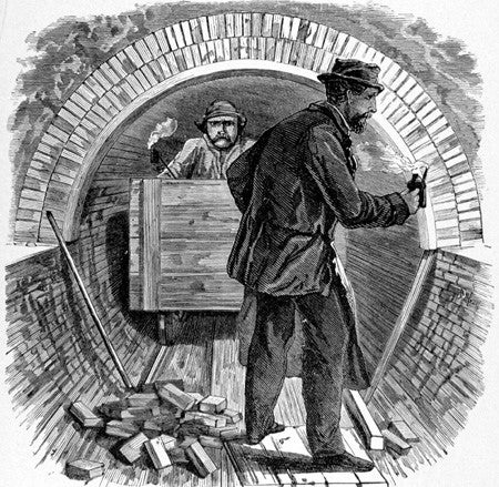 Bricking the arch in the lake tunnel. Image source: The Tunnels and Water System of Chicago: Under the Lake and Under the River. Chicago: J.M. Wing & Co., 1874, p. 53.