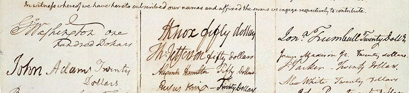Detail of the bottom of the Michaux Subscription List, with the signatures and pledge amounts of George Washington ($100 pledged), John Adams ($20), Thomas Jefferson ($50), and James Madison ($20), 1793, American Philosophical Society, Philadelphia (amphilsoc.org)