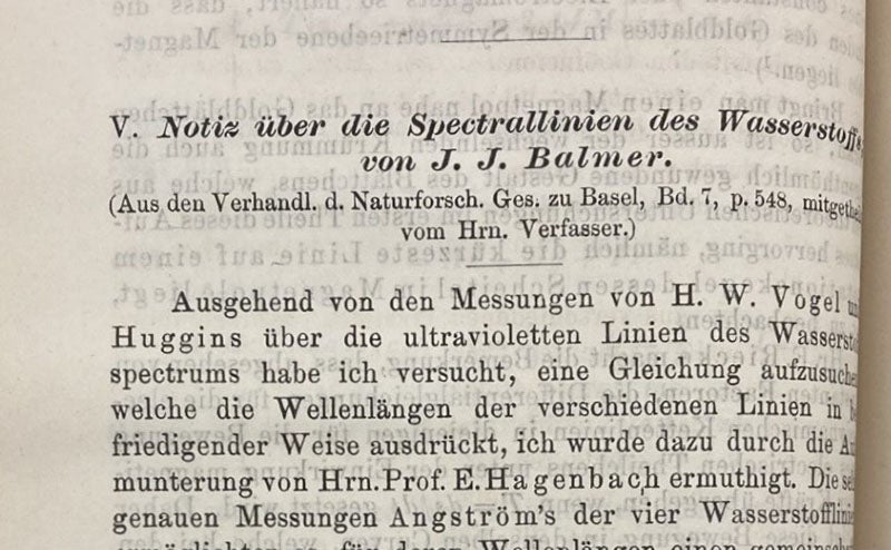 First paragraph, "Notiz über die Spectrallinien des Wasserstoffs" [Note on the spectral lines of hydrogen], by Johann Jakob Balmer, Annalen der Physik, ser. 3, vol. 25, p. 80, 1885 (Linda Hall Library).