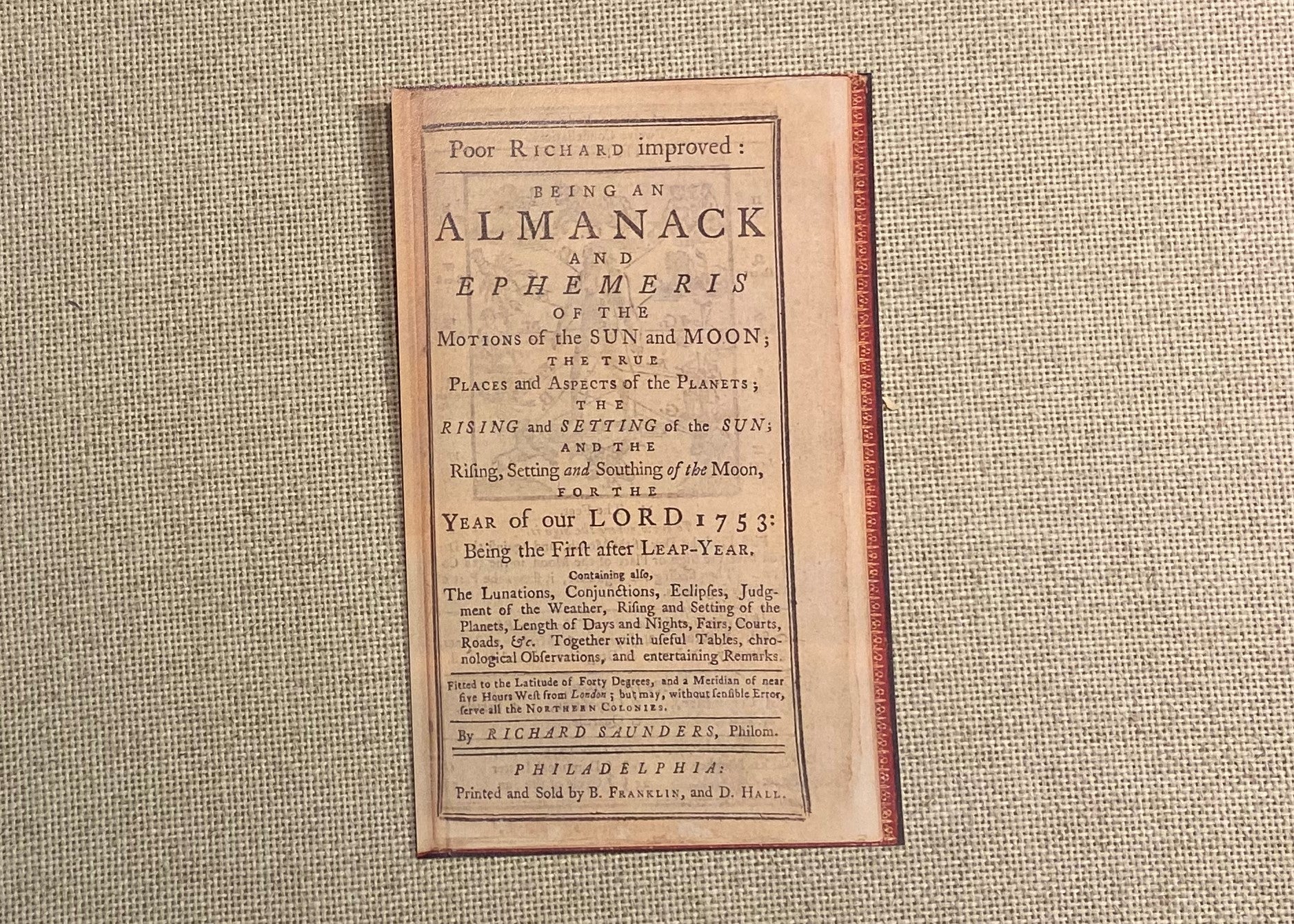 A reproduction of the front plate of Poor Richard's Almanack.