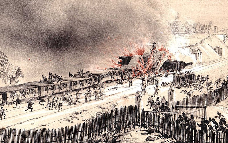 Drawing of the railway derailment at Meudon in 1842 that took the life of Adèle Dumont d’Urville and her husband (Wikimedia commons)