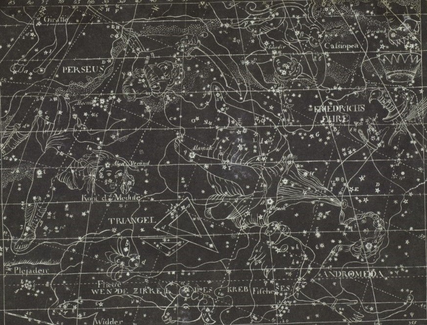 Andromeda, with constellation outlines included. Image source: Goldbach, Christian Friedrich. Neuster Himmels-Atlas. Weimar: Industrie - Comptoirs, 1799, pl. 3.
