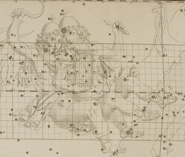 Gemini. Image source: Bevis, John. Uranographia Britannica. London, 1750.