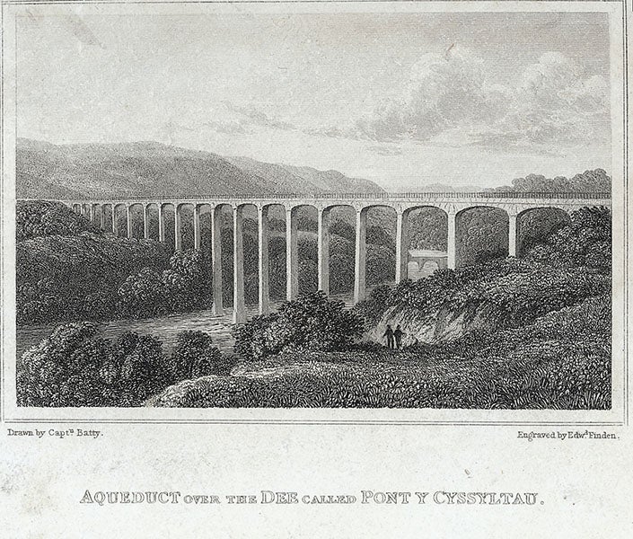 Pontcysyllte Aqueduct, River Dee, northeastern Wales, designed and built by Thomas Telford, 19th-century engraving (Wikimedia commons)