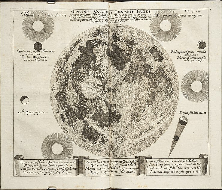 The illustration shows a detail of the region around Copernicus, in the Oceanus Procellarum (Ocean of Storms); the Kepler ray system is to the left, and Aristarchus is at upper left. (Other depictions of Copernicus can be seen in items 30 and 45).