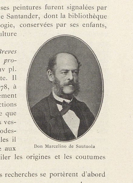 Photograph of Marcelino Sanz de Sautuola, text inset, La caverne d'Altamira a Santillane, by Émile Cartailhac and abbé Henri Breuil, page 1, 1906 (The Linda Hall)