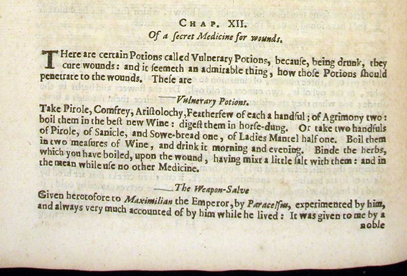 Beginning of the recipe for the weapon-salve, Natural magick, by Giovanni Battista della Porta, p. 218, 1658 (Linda Hall Library)