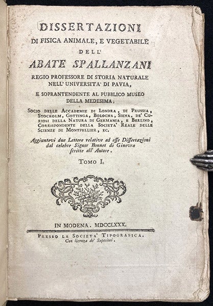Title page, Dissertazioni di fisica animale, e vegetabile dell' Abate Spallanzani, vol. 1, 1780 (Linda Hall Library)
