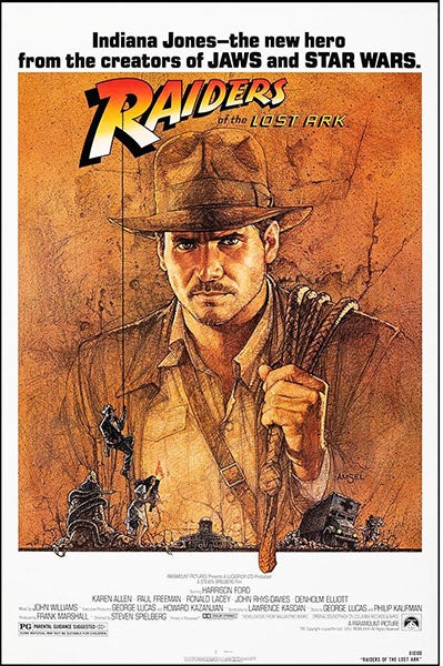 Movie poster, Raiders of the Lost Ark, featuring Harrison Ford as Indiana Jones, 1981 (rarecollectiblestv.com)