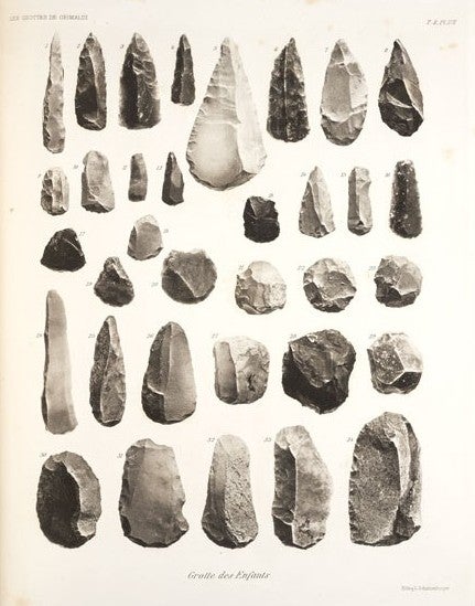 Stone tools found in the Grimaldi caves. Image source: Villeneuve, L., et al. Les Grottes de Grimaldi (Baoussé-Roussé). Vol. 2, Monaco: Imprimerie de Monaco, 1906-19, pl. 17.
