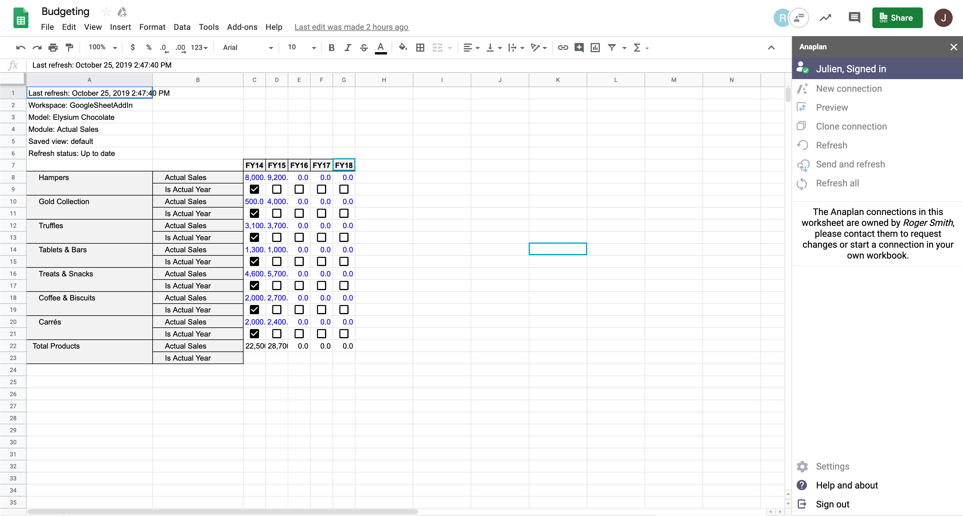 A spreadsheet in Google Sheets with the Add-on sidebar open on the right. All the options are grayed out except for Help and about and Sign out. A message displays on the sidebar, which reads: