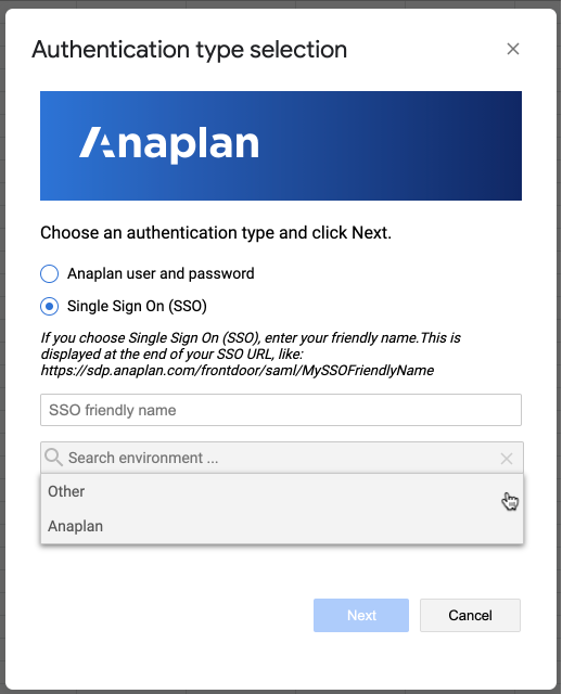 The Authentication type selection dialog. The drop-down menu beneath the SSO friendly name field has been clicked, so a list displays.  The mouse cursor is hovered over the Other option.
