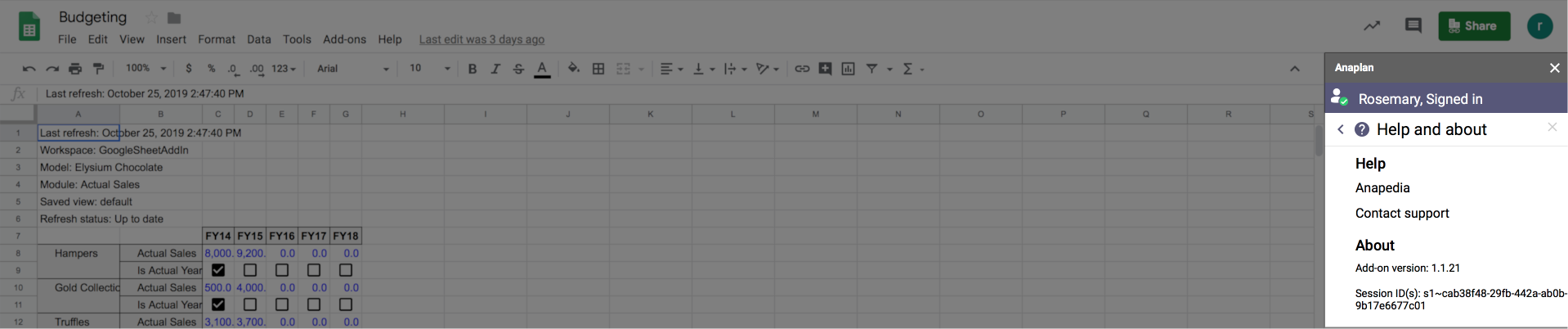 Google Sheets with the Anaplan sidebar open. The Help and about menu displays with two sub-headings: Help and About. Under Help are two links: Anapedia and Contact support. Under About the Add-on version and Session ID display.