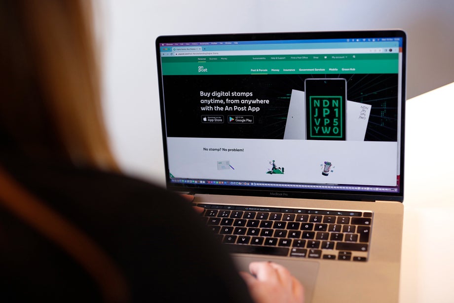 Digital stamp advertisement on a laptop screen